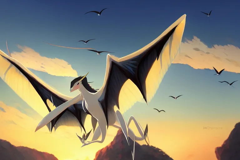 Image similar to a large smooth skinned white creature hybrid pterosaur, small quills along it's back, long fangs, sitting on a cliff high in the sky, sunset, backlit, beautiful composition, by makoto shinkai an krenz cushart