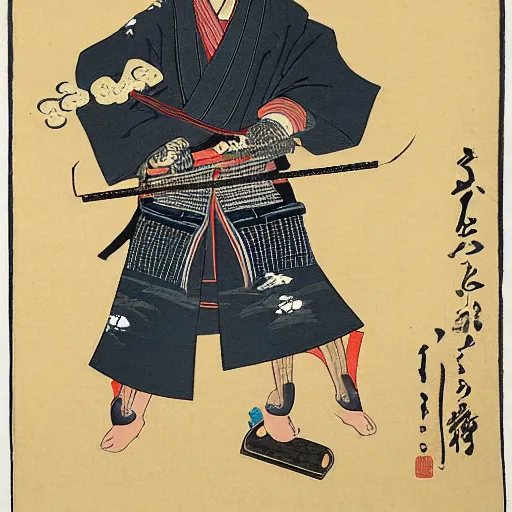 Prompt: a samurai smoking a pipe, ukiyo - e