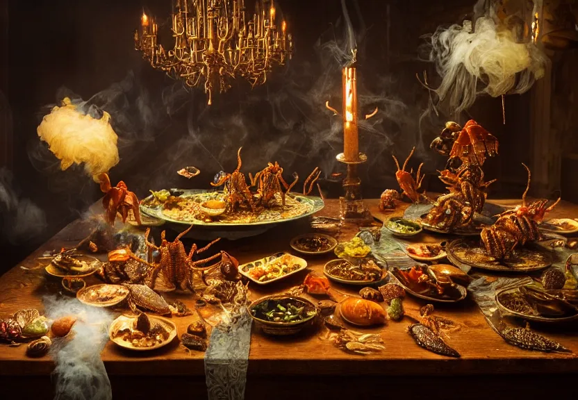 Prompt: an opulent banquet of food on a table covered with colorful hissing cockroaches and hermit crabs. magical glowing smoke drifts through the room. iridescent the movie the thing. reclaimed lumber, detailed and intricate environment, hyperrealism, food photography, rembrandt