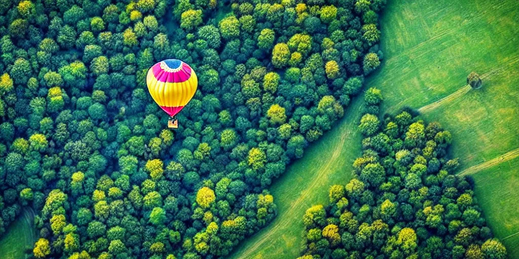 Image similar to hot air balloon, beautiful landscape, bird's eye view