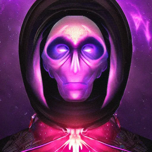 Image similar to portrait from a raven crow alien, synthwave, universe background, nebula, galaxy, artstation