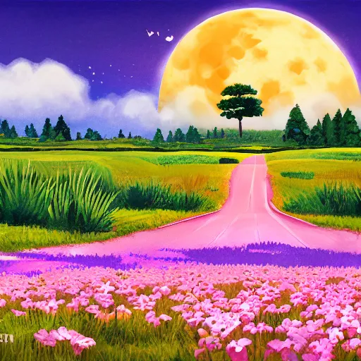 Prompt: empty village runway panorama in the woods with dramatic sky and giant moon, bloom, brushmarks, texture, traditional painting by pixar disney ghibli gouache painting