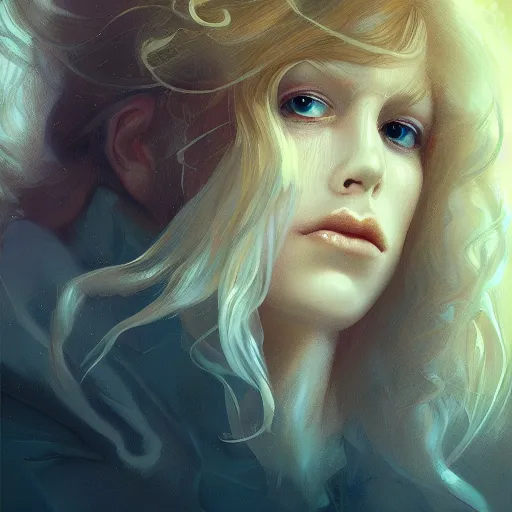 Image similar to prompt portrait of a beautiful androgynous blond man, albino pale white skin and long fluffy curly blond hair, Center parted curtain bangs, close up view, head and upper body, looking upward, fullface, light from above, by Peter Mohrbacher, trending on artstation, 8k