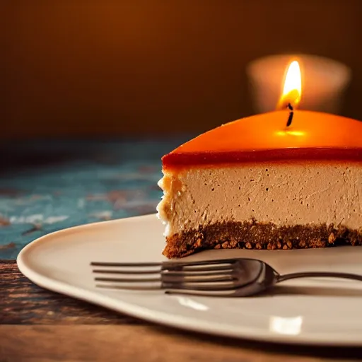 Prompt: a piece of cheesecake with a candle in it, on a wooden table in the style of Dali