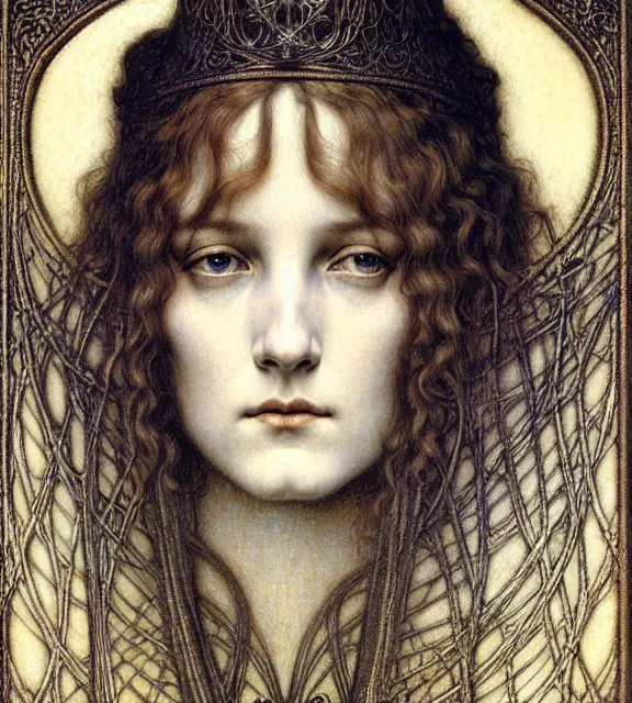 Image similar to detailed realistic beautiful young medieval queen face portrait by jean delville, gustave dore and marco mazzoni, art nouveau, symbolist, visionary, gothic, pre - raphaelite. horizontal symmetry