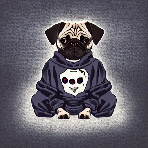 Image similar to a sad pug wearing a hoodie with the word'sad'typed on it in upper case letters, digital art, synthwave style, trending on artstation, matte painting