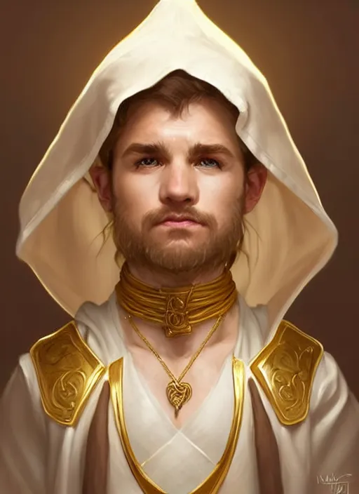 Image similar to symmetry!! portrait of a young halfling male cleric, white robe with gold accents, light brown hair ponytail!!!, wry smirk, brown, gold and white cloak, necklace, elegant, highly detailed, digital painting, artstation, concept art, smooth, sharp focus, illustration, art by artgerm and greg rutkowski and alphonse mucha