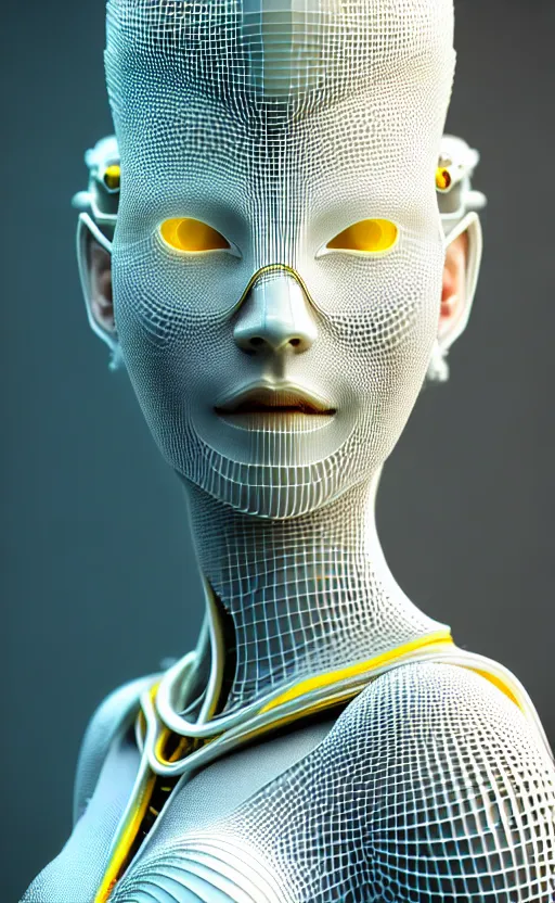 Image similar to intricate hyper detailed ultra sharp 3 d render of a beautiful smooth porcelain seductive cyborg woman portrait, medium shot portrait, bright light, alexandre ferra mecha, deeply cyberpunk art nouveau haute couture huge fractal white silver gold mycelum and yellow pore fungi head ornaments, big embroidered leaves filigree spreaded roots, octane render, volumetric cinematic lighting, 8 k, vray tracing
