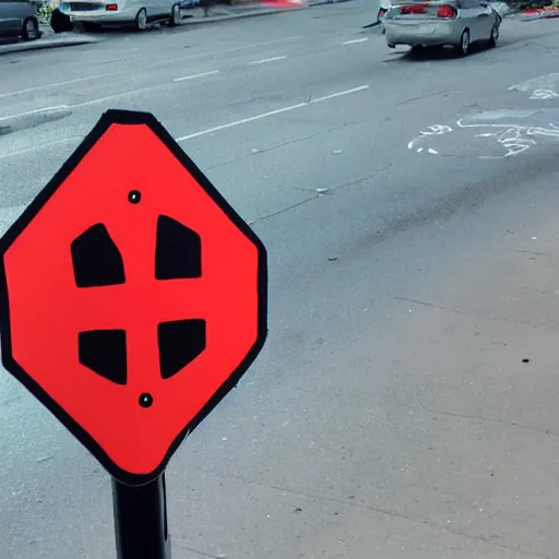 Image similar to stop sign covered in various stickers and spray paint art at a busy street corner