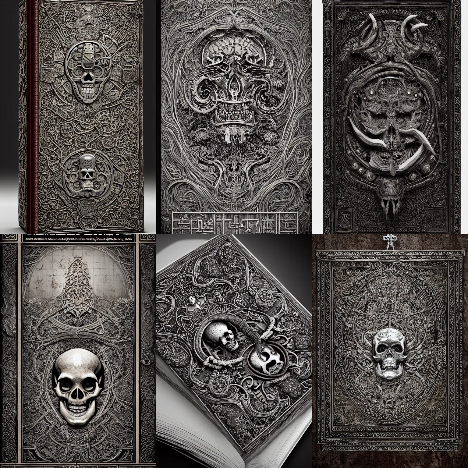 Prompt: an ancient ornate intricate old tome spell book with the kaiju head symbol of a skull emblazoned on the cover, cinematic, realistic, intricate detail, finely detailed, small details, extra detail, photorealistic, symmetrical, high resolution, 3D, PBR, path tracing, volumetric lighting, octane render, arnold render, 8k