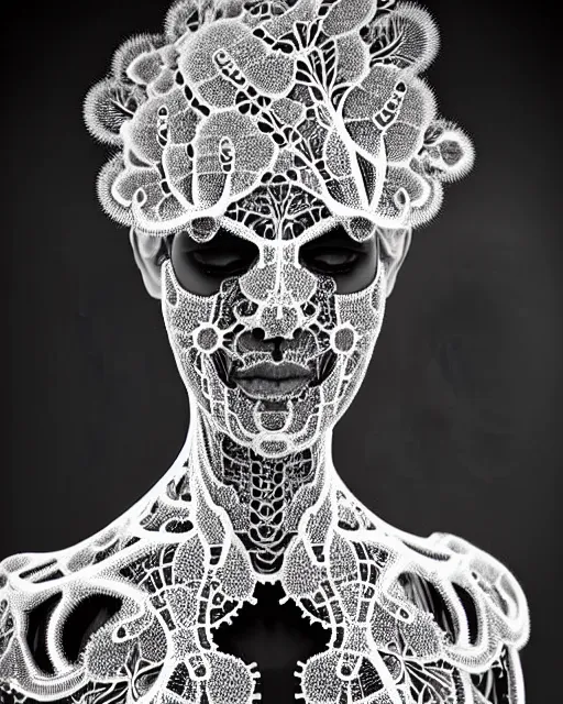 Prompt: surreal black and white photo portrait of complex bio-mechanical beautiful young female vegetal-cyborg with a Mandelbrot fractal metal fine lace face, curled silver hair, 150 mm lens, soft rim light, fine metal floral foliage super big lace collar by Alexander McQueen, high fashion, haute couture, rococo, steampunk, silver filigree details, anatomical, facial muscles, cable wires, microchip, elegant, hyper realistic, octane render, unreal engine, volumetric lighting, 8k,