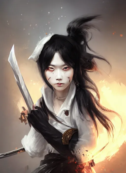 Image similar to a highly detailed illustration of fierce messy ponytail black haired one eyed japanese woman wearing long white coat, wearing eyepatch, dramatic wielding paper sword pose, intricate, elegant, highly detailed, centered, digital painting, artstation, concept art, smooth, sharp focus, league of legends concept art, wlop.