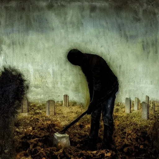 Prompt: one man in a cemetery digging up a dead body, by nicola samori, painting, 8 k, high detail, blue, orange, and dark green tones, high quality, sad feeling, high detail, dark colors, sinister atmosphere, dramatic lighting, cinematic, establishing shot, extremely high detail, photo realistic, cinematic lighting, album cover