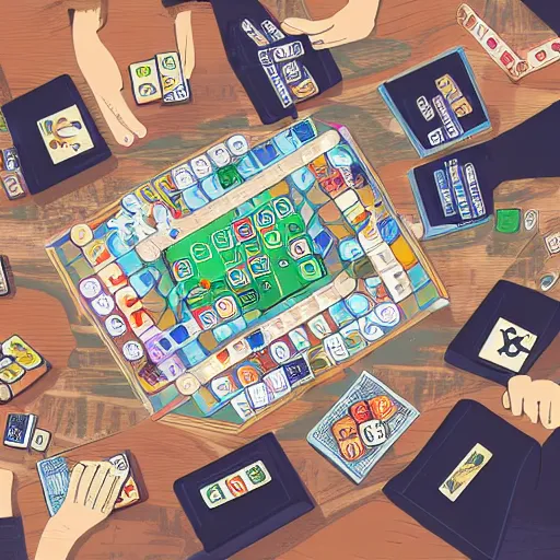 Prompt: Illustration of a packed table with board games and some of the board games are falling off the table