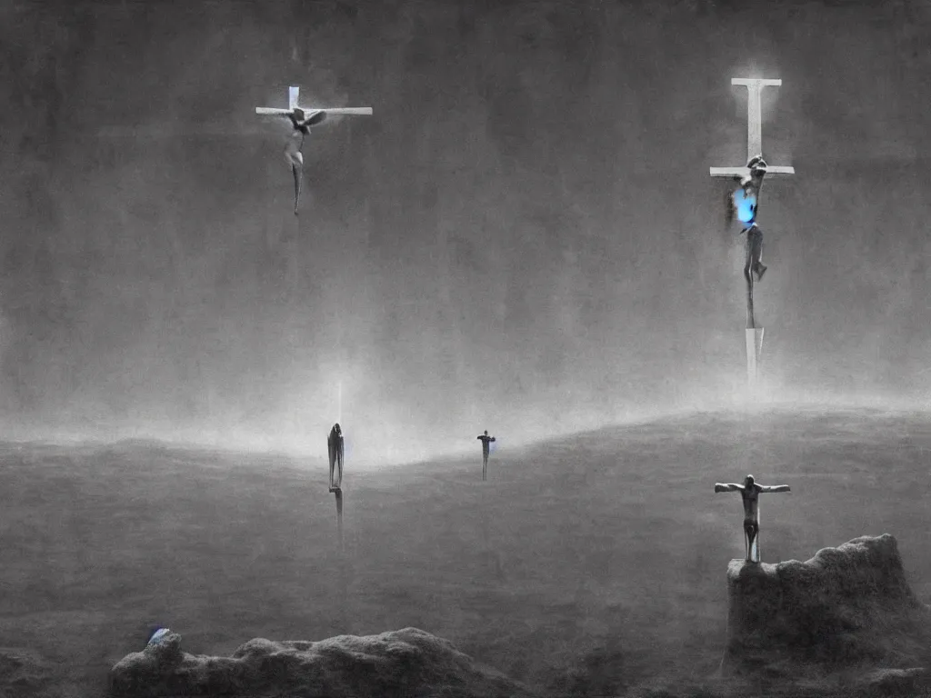 Image similar to jesus christ crucifixion in distance on an alien planet by beksinski, wide angle, beksinski monsters around, fantasy, scary, award winning 8k high detail highly detailed