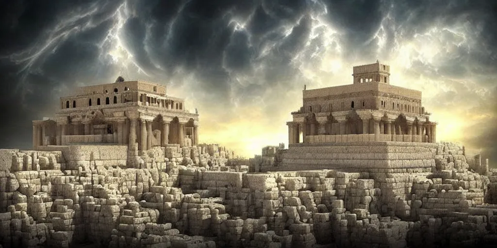 Prompt: hidden imagery floating temple in the sky incredible digital art optical illusion, superb detailed clouds shaped like the second temple in jerusalem, over the ruins of old jerusalem, awe inspiring, masterpiece surrealism, digital art trending on artstation awesome award winning