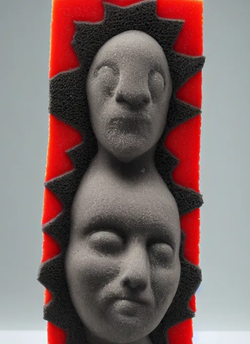 Image similar to sponge sculpture of an ancient warrior red and black theme