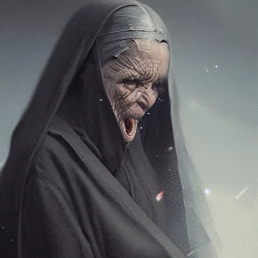 Prompt: A portrait of an old woman, angry, snarling, sith, techwear, Star Wars art, art by greg rutkowski, matte painting, trending on artstation