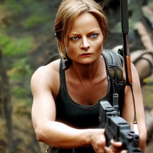Prompt: jodie foster as lara croft, 8 k, realistic, high detail, hd face