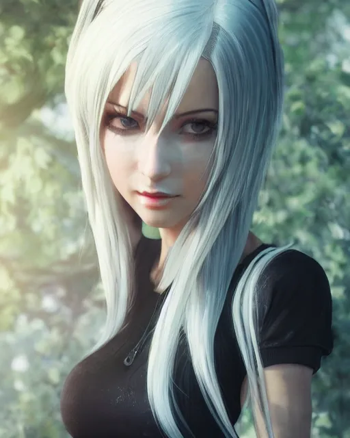 Image similar to tifa lockhart with white hair, beautiful face, very shy, elegant clothes, introverted, garden, utopian city, solarpunk, perfect, attractive, illuminated, ultra realistic, atmosphere, cinematic, artstation, highly detailed