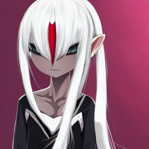 Prompt: white hair, red eyes, two small horn on the head, anime style, anime girl, thin elf ears