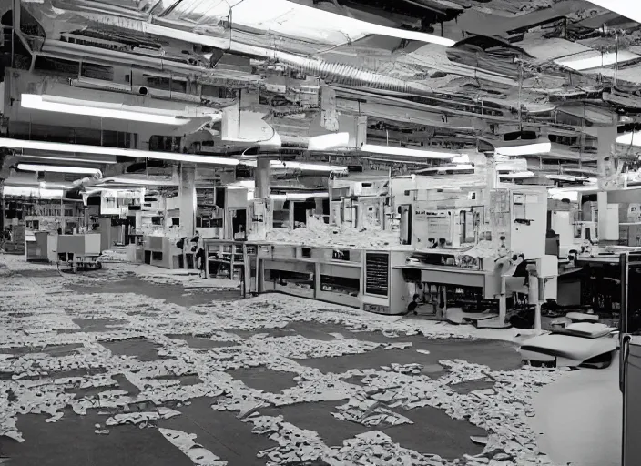 Image similar to data processing plant, with retro matrix printers rapidly printing sheets of paper overflowing onto the floor. 2000s computer ad style picture in high contrast color