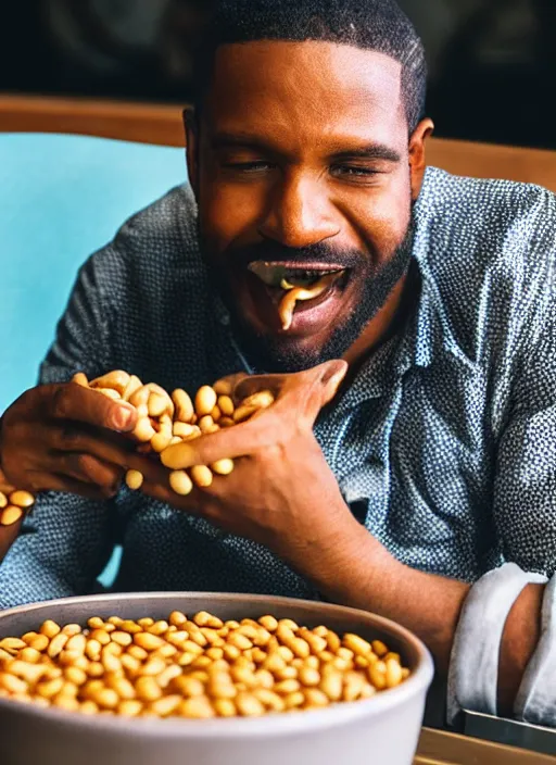 Image similar to award winning photograph of a man at a movie theater eating beans, 4 k, uhd, highly detailed, realistic, close up
