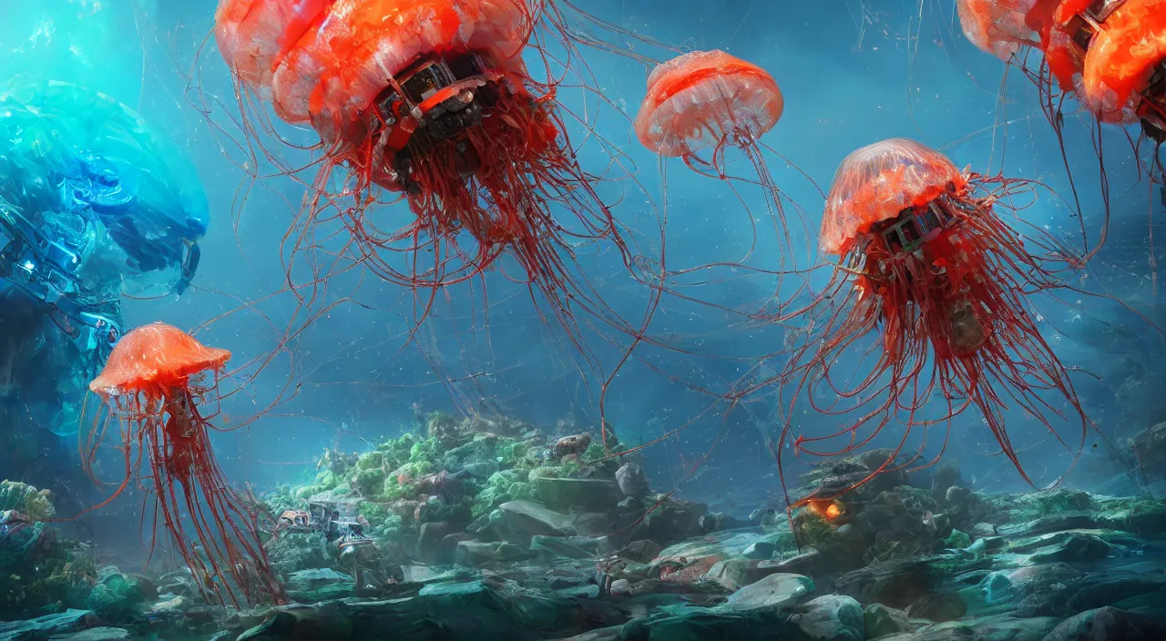 Prompt: robotic man o war jellyfish and a vibrant cyberpunk coral reef, in style of johan grenier, thomas kinkade, artstation, 8 k 3 d, unreal engine, highly detailed, octane render, very intricate, cinematic lighting