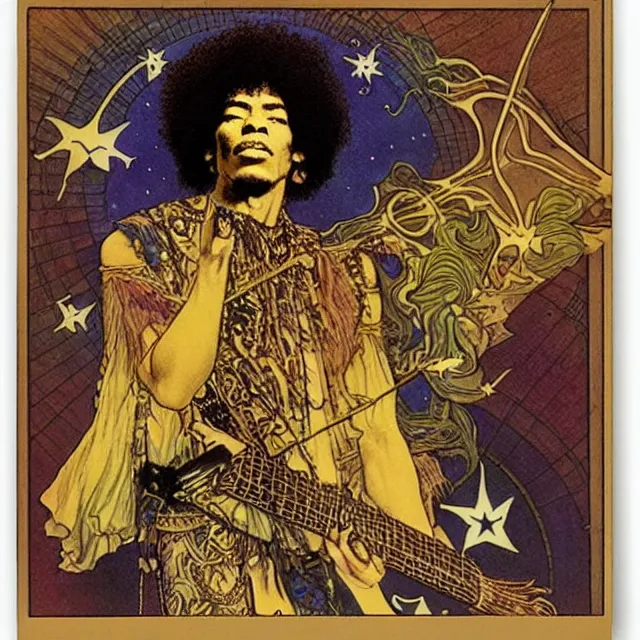 Image similar to polaroid of a vintage record cover by Franklin Booth and Edmund Dulac showing a portrait of Jimi Hendrix as a futuristic space shaman, Alphonse Mucha background, futuristic electric guitar, star map, smoke