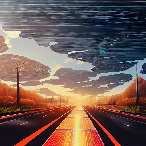 Prompt: automated cars on a solar roadway by alena aenami