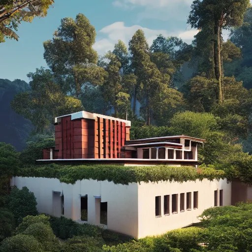 Image similar to modernist house inspired by tibetan palace, built with atrium in the middle, on a hill surrounded by big trees, dramatic lighting, artstation, realistic rendering, unreal engine, octane render, raphael lacoste, simon stalenhag, frank lloyd wright, helicopter view