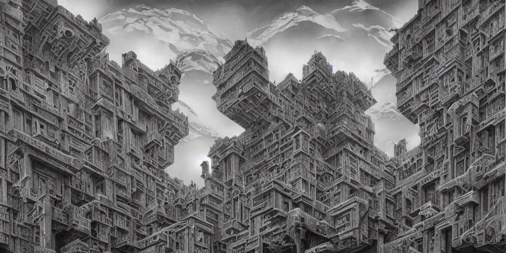 Image similar to isometric perspective, labyrinthine dilapidated prison architecture by mc escher, piranesi and mandelbrot, ricardo bofill. utopian landscape by roger dean. magical realism, zdzisław beksinski, giger biomechanical horror, surrealism, waterfalls, trending on artstation, shot from below,