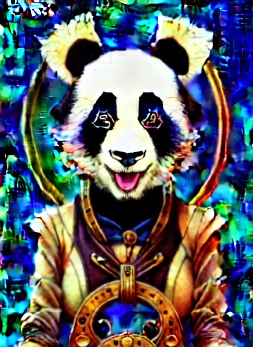 Image similar to don bluth, loish, artgerm, joshua middleton, steampunk, clockpunk anthropomorphic panda, full sailor suit, symmetrical eyes symmetrical face, colorful animation forest background