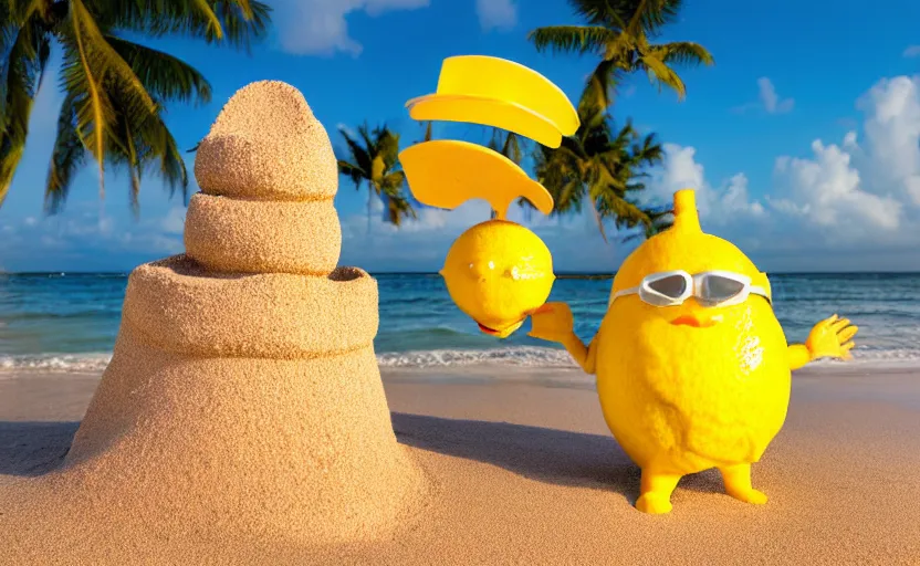 Image similar to 5 0 mm photograph, of a real anthropomorphic lemon character, fit body, with lemon skin texture, it is wearing a hat and scuba diving, building a sandcastle on the beach at sunset, beach, huge waves, sun, clouds, tropical trees, rim light, cinematic photography, professional, sand, sandcastle, volumetric lightening