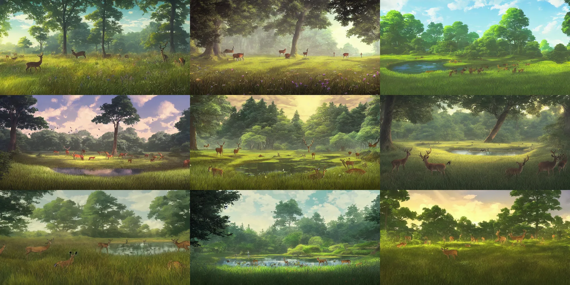 Prompt: meadow with a few deers and a pond and background forest, evening, highly detailed, low angle view, studio ghibli, artstation