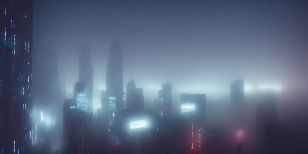 Image similar to eerie fog, giant illuminated advert screens, megacity streets seen from above, neon signs, blade runner, ex machina