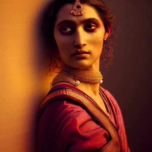 Prompt: photographic portrait of a stunningly beautiful renaissance female in traditional sari dress, white irises and dark eye makeup, in soft dreamy light at sunset, god rays, contemporary fashion shoot, by edward robert hughes, annie leibovitz and steve mccurry, david lazar, jimmy nelsson, extremely detailed, hyperrealistic, perfect face, octane render