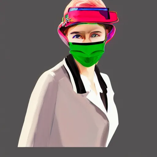 Prompt: A woman in 1980s clothing with a visor on her face and wearing a surgical mask, gucci catwalk, oil painting, digital art, ultradetailed, artstation