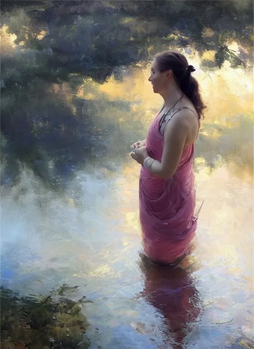 Image similar to first person perspective of a woman looking at her hands full of rings, the woman is reflected in the water of a lake. by daniel f. gerhartz, hyperrealistic oil painting, 4 k, studio lightning, very detailed, rtx on