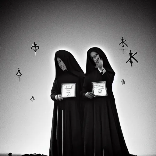 Image similar to black and white, award winning photo, levitating twin nuns each having 6 arms, wearing pentgram necklace, a guillotine is depicted, the nuns have Very long arms, in a sanctuary, eerie, frightening —width 1024 —height 1024