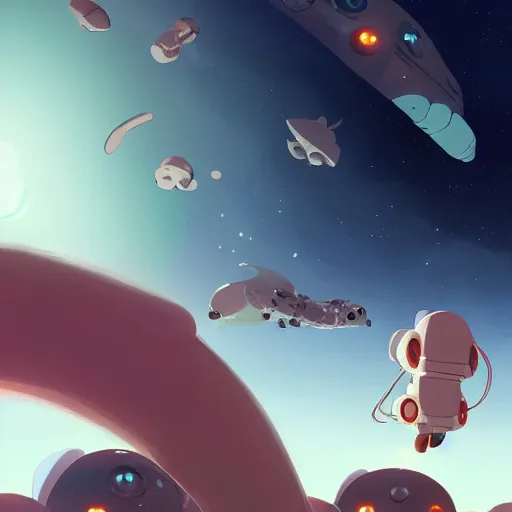 Image similar to baby harp seals astronauts attacking octupus aliens on an asteroid, atey ghailan, goro fujita, studio ghibli, rim light, sharp lighting, clear focus, very coherent,