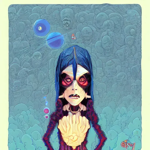 Image similar to original jean giraud digital art painting pastel goth aesthetic, creepy kawaii, highly detailed, highly intricate, tom whalen
