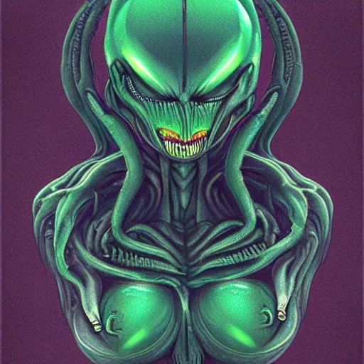 Image similar to xenomorph queen human hybrid, dragon eggs, dark emerald mist colors, giger void liminal backfill, realistic, award winning photograph, micro macro refine