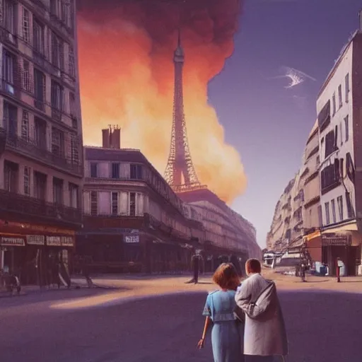 Prompt: a typical Parisian street of the future, in the foreground a man and a woman from behind, in the back at the bottom of the street a spaceship destroying buildings, American blockbuster style, multiple details