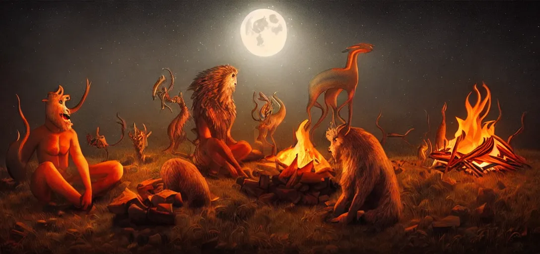 Image similar to strange mythical beasts of sitting around a fire under a full moon, surreal dark uncanny painting by ronny khalil