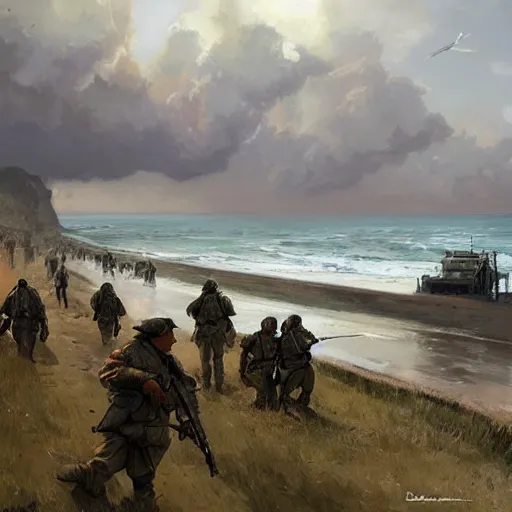 Prompt: omaha beach world war 2 geog darrow greg rutkowski