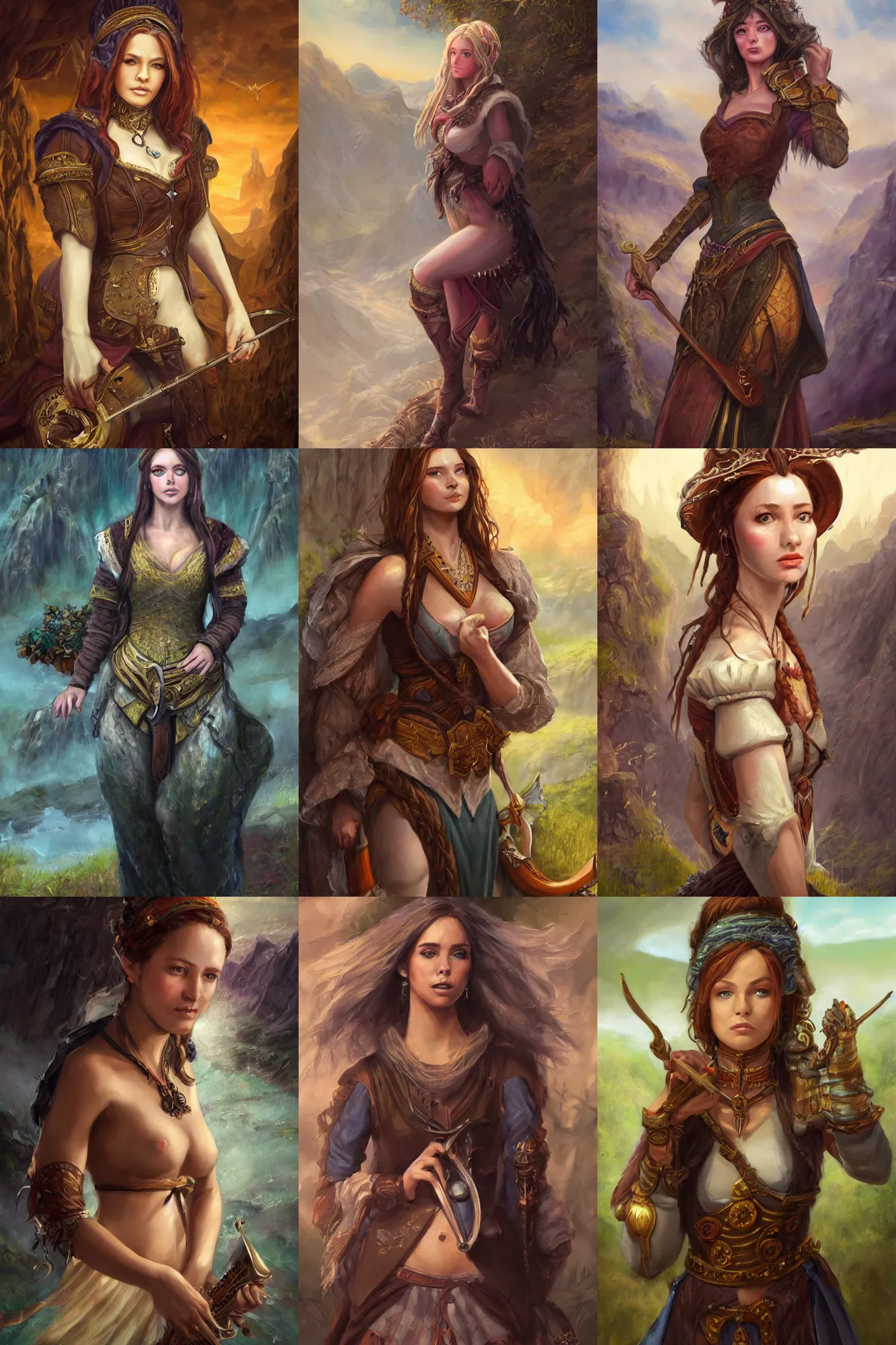 Image similar to a full body high detail fantasy portrait oil painting illustration of a single beautiful bard woman by justin sweet with face and body clearly visible, in a scenic background, pretty eyes, realistic proportions, d & d, rpg, forgotten realms, artstation trending, high quality, sombre mood, artstation trending, muted colours, entire person visible!