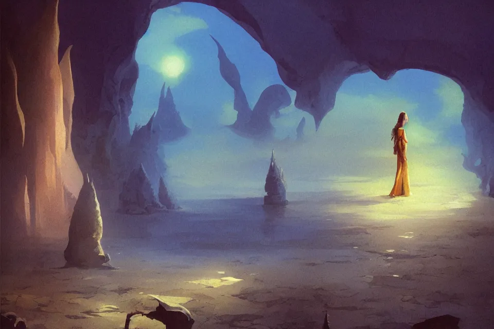 Image similar to atmospheric dreamscape painting of a giant seashell castle, a young girl stands outside, by moebius and john harris, atmospheric blues, concept art, saturation 40