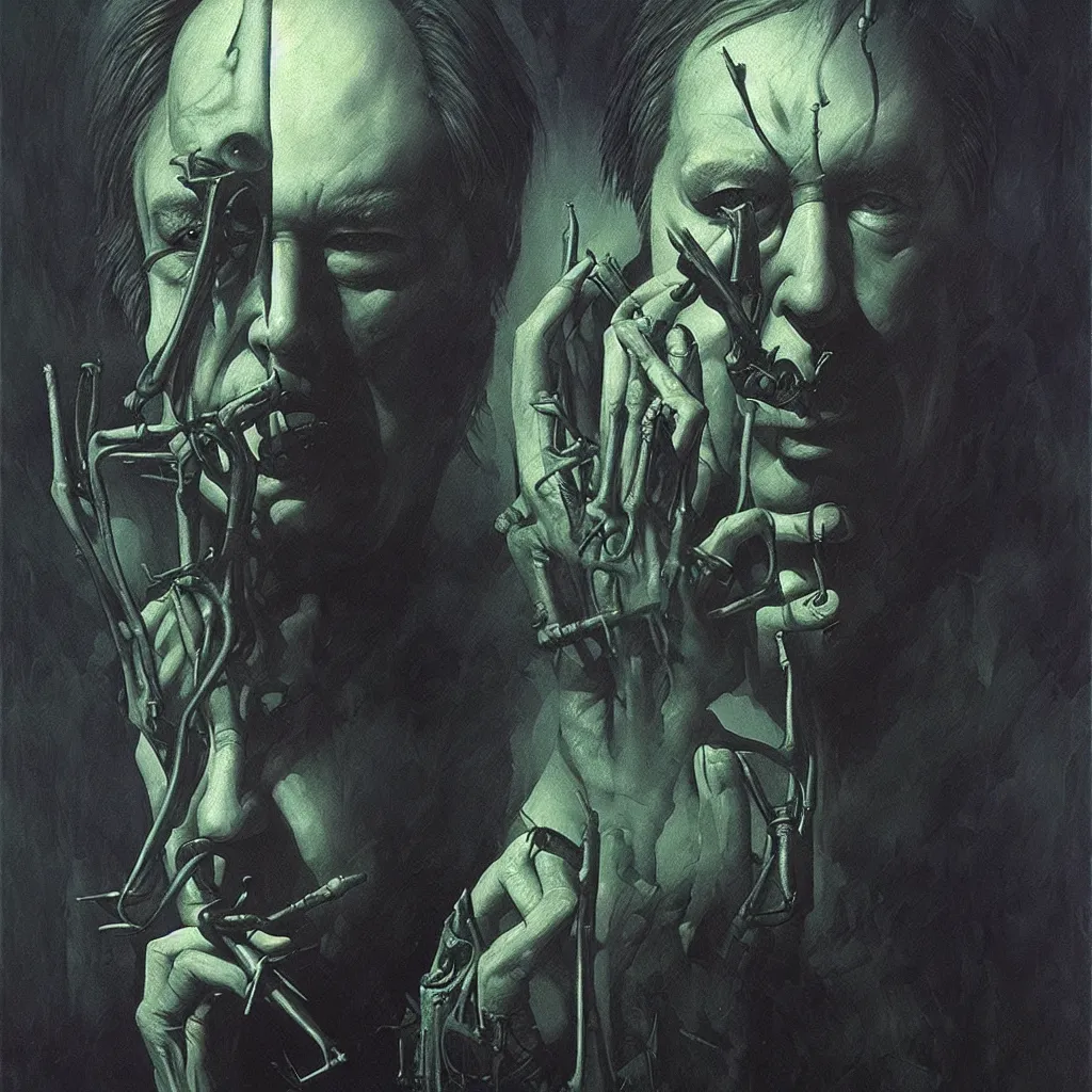 Prompt: futuristic portrait of bill hicks smoking in the style of hans giger, dark atmosphere, lovecraftian background, lynchian atmosphere, film noir, concept art, art by kuvshinov ilya and zdislav beksinski and wayne barlowe and hans giger