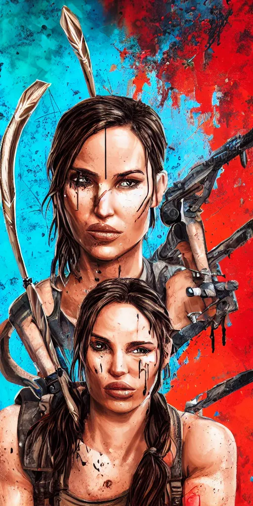 Image similar to portrait of lara croft in the style of 3 d! graffiti, gradients, extreme wide angle, arrows, drips, in the style of daim, totem, fleks, odeith